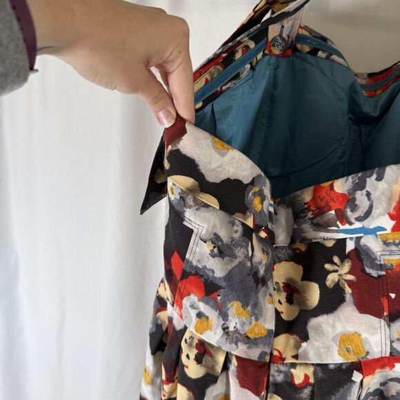 Hitherto Anthropologie Dress Women's 14 Blue Red Floral Zip Back Sleeveless Tie - Picture 14 of 14